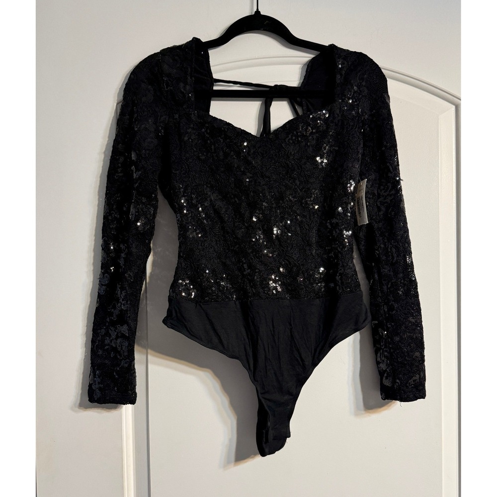 FORE Sequin Lace Bodysuit Women Medium Black New Sweetheart Neck Long‎ Sleeve